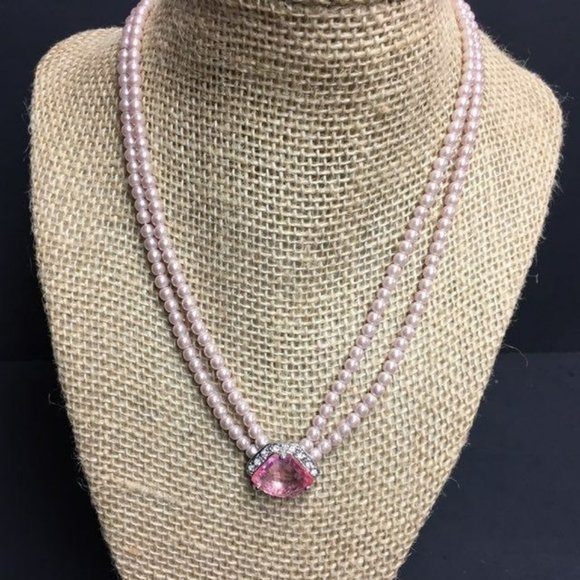 Pink Pearl Necklace Double Strand Rhinestone Silver Chain Soft Girl Barbie Retro - Picture 1 of 7